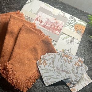 Tablecloth set of 6 napkins and 6 coasters. New! 60x120” 100% cotton Year round